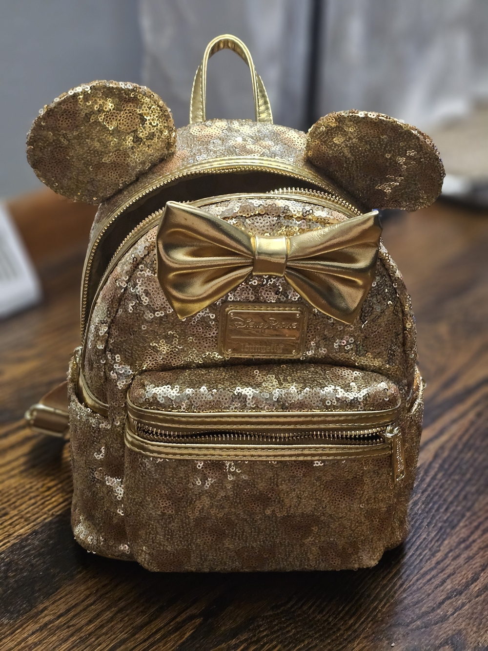 Disney Gold Sequin Minnie Ear Mini Backpack with Metallic Bow
